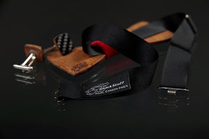 Handmade Wooden & Carbon Fibre Arrow Style Bow Tie and shirt Cufflinks, silk velvet handkerchief & decorations