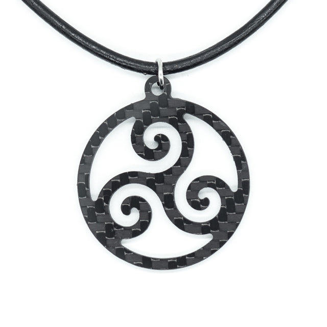 Triskelion Triple Spiral Celtic Carbon Fiber Pendant and Leather